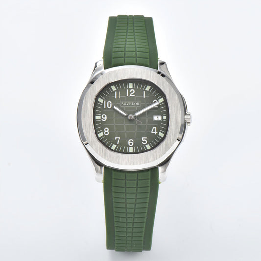 Custom Aquanaut style Seiko mod watch, silver case with green dial and rubber strap, NH35 automatic movement