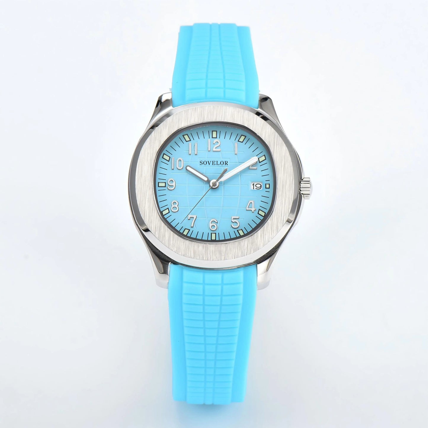Custom Aquanaut style Seiko mod watch, silver case with powder blue dial and rubber strap, NH35 automatic movement