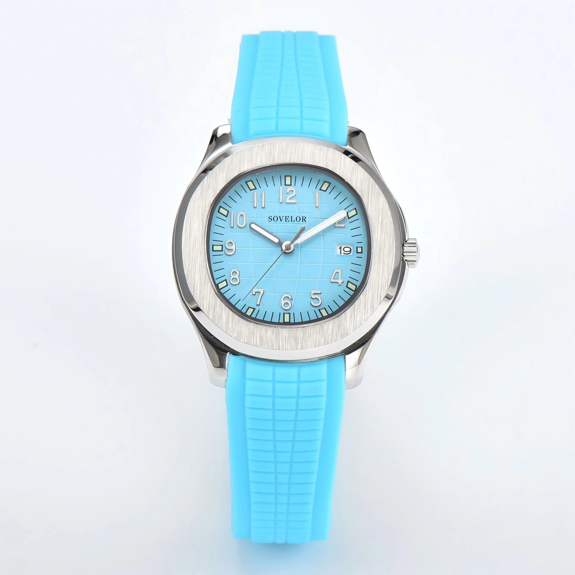 Custom Aquanaut style Seiko mod watch, silver case with powder blue dial and rubber strap, NH35 automatic movement