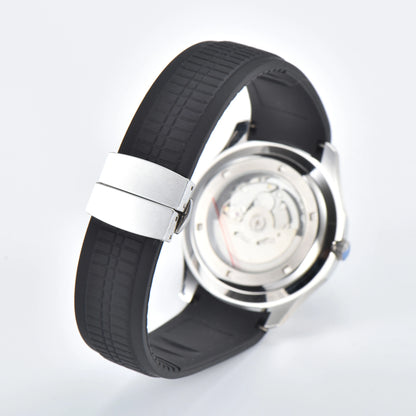 Transparent case back and deployment clasp of silver Aquanaut style Seiko mod watch with black rubber strap