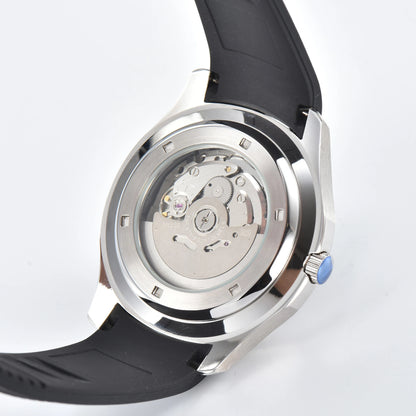 Clear case back showing Seiko NH35 automatic movement in silver Aquanaut style Seiko mod watch