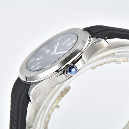 Side view of silver Aquanaut style Seiko mod watch, polished silver case and crown detail