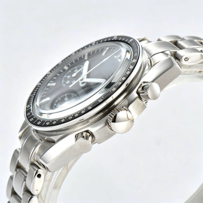 Side view of chronograph style Seiko mod watch, stainless steel pushers and tachymeter bezel detail
