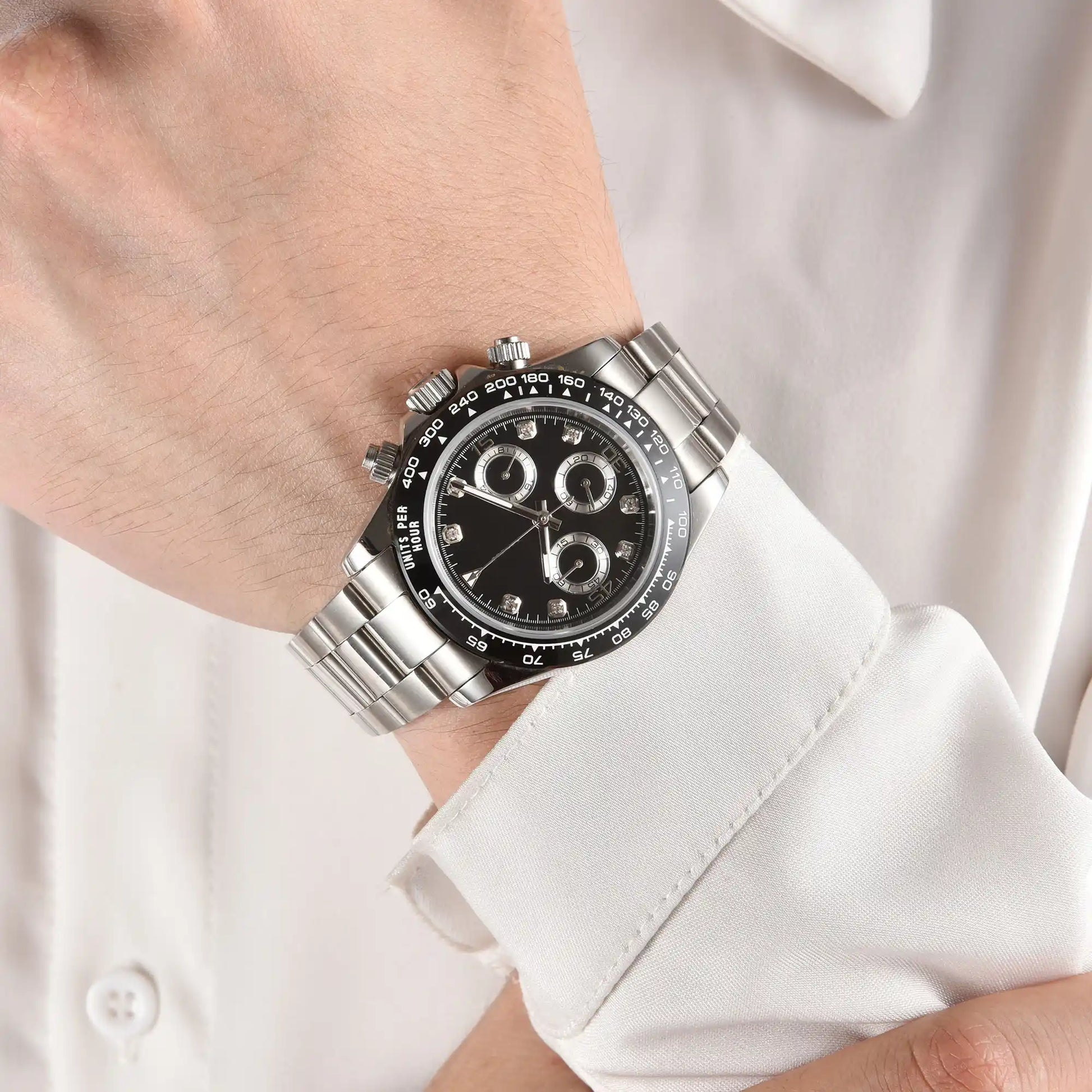 Classic black VK63 Daytona style Seiko mod chronograph watch worn on wrist, casual daily wear shot