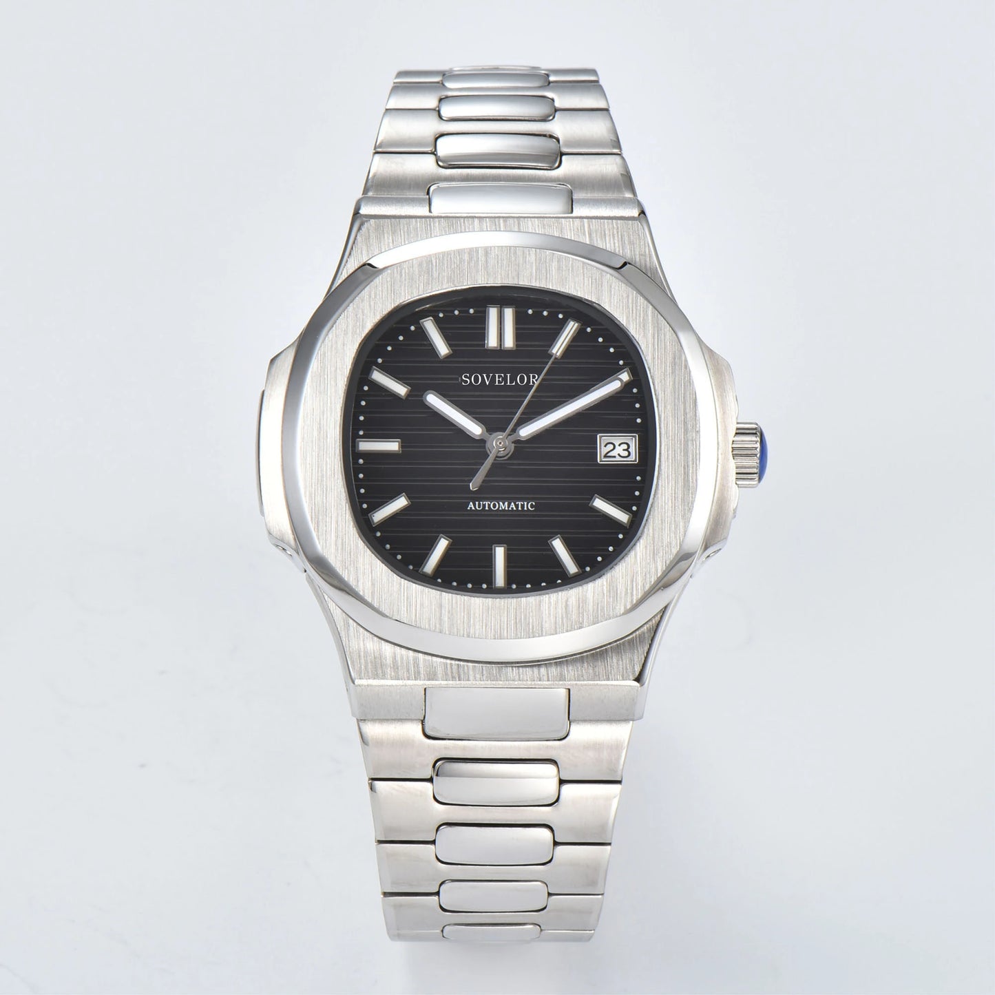 Custom Nautilus style Seiko mod watch, classic black dial with stainless steel bracelet, NH35 automatic movement