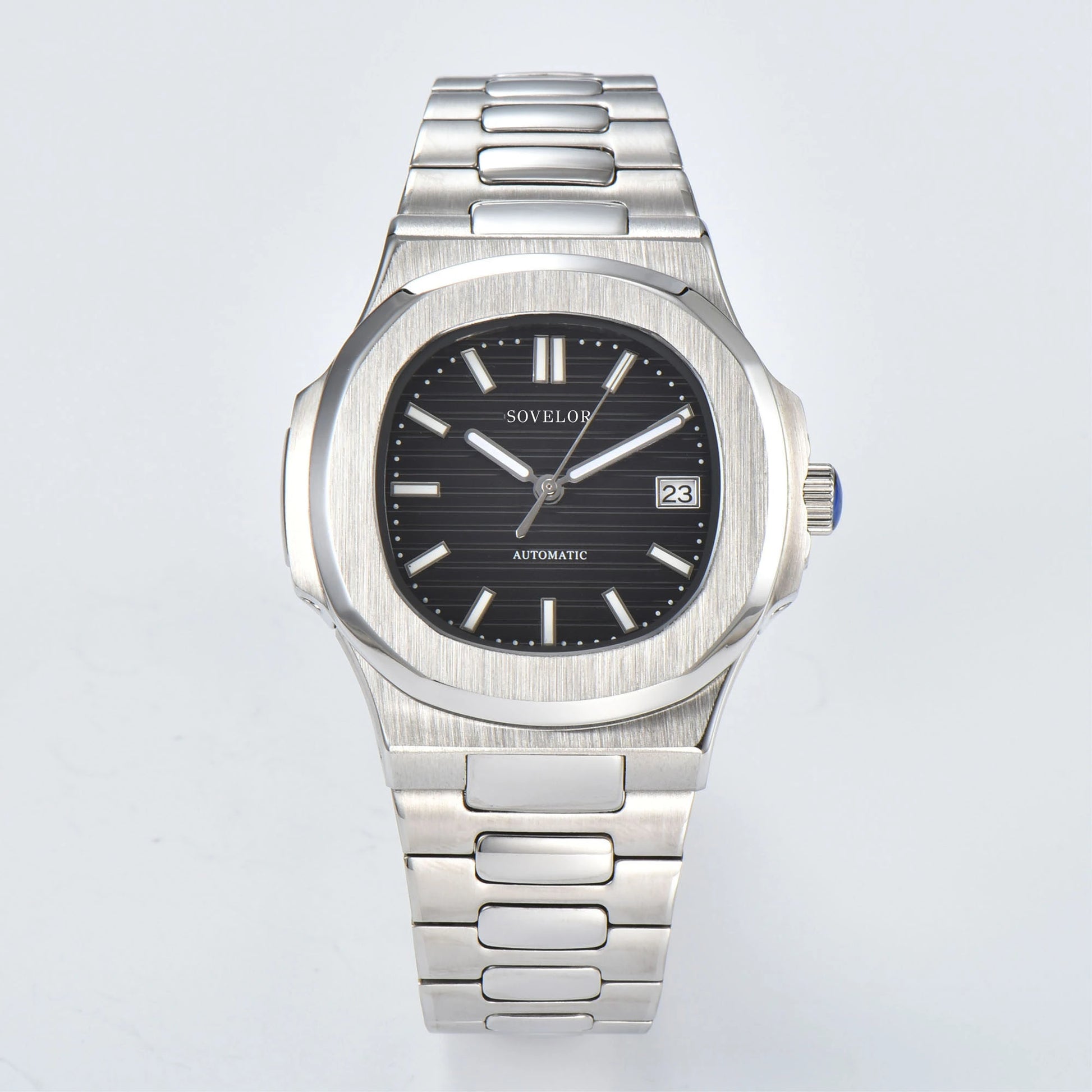 Custom Nautilus style Seiko mod watch, classic black dial with stainless steel bracelet, NH35 automatic movement