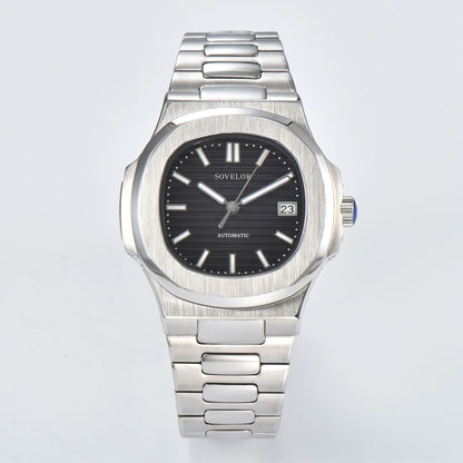 Custom Nautilus style Seiko mod watch, classic black dial with stainless steel bracelet, NH35 automatic movement