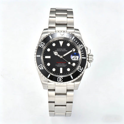 Custom silver black Seiko mod watch, Submariner diver style with genuine NH35 automatic movement