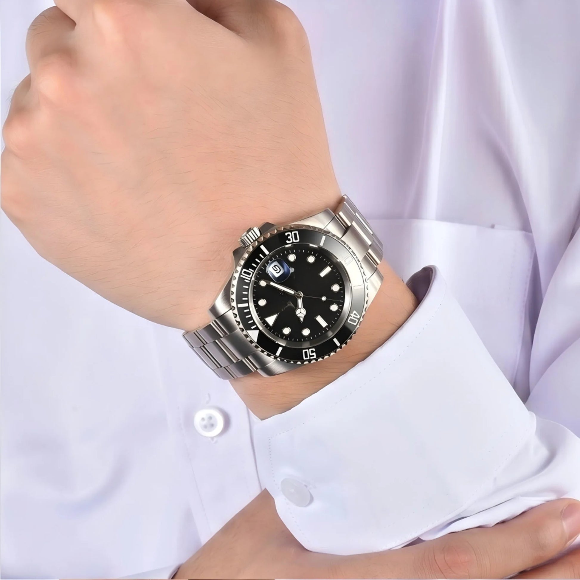 Men's silver black submariner Seiko mod watch on wrist, diver style business wear