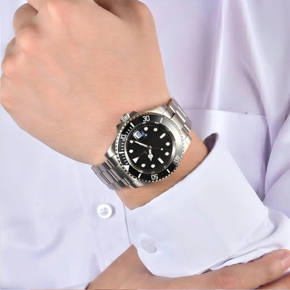 Men's silver black submariner Seiko mod watch on wrist, diver style business wear