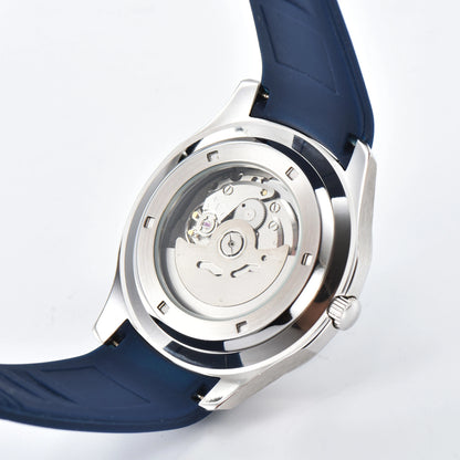 Clear case back showing Seiko NH35 automatic movement in silver Aquanaut style Seiko mod watch