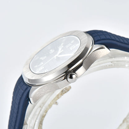 Side view of silver Aquanaut style Seiko mod watch, polished silver case and crown detail