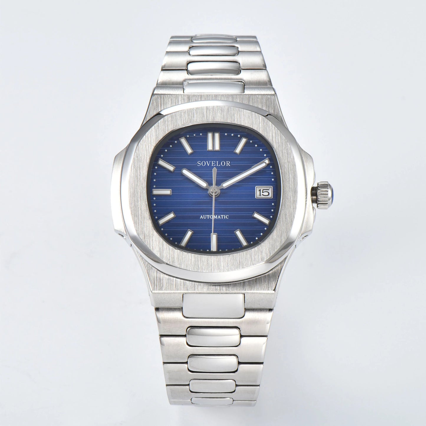 Custom Nautilus style Seiko mod watch, blue dial with stainless steel bracelet, NH35 automatic movement