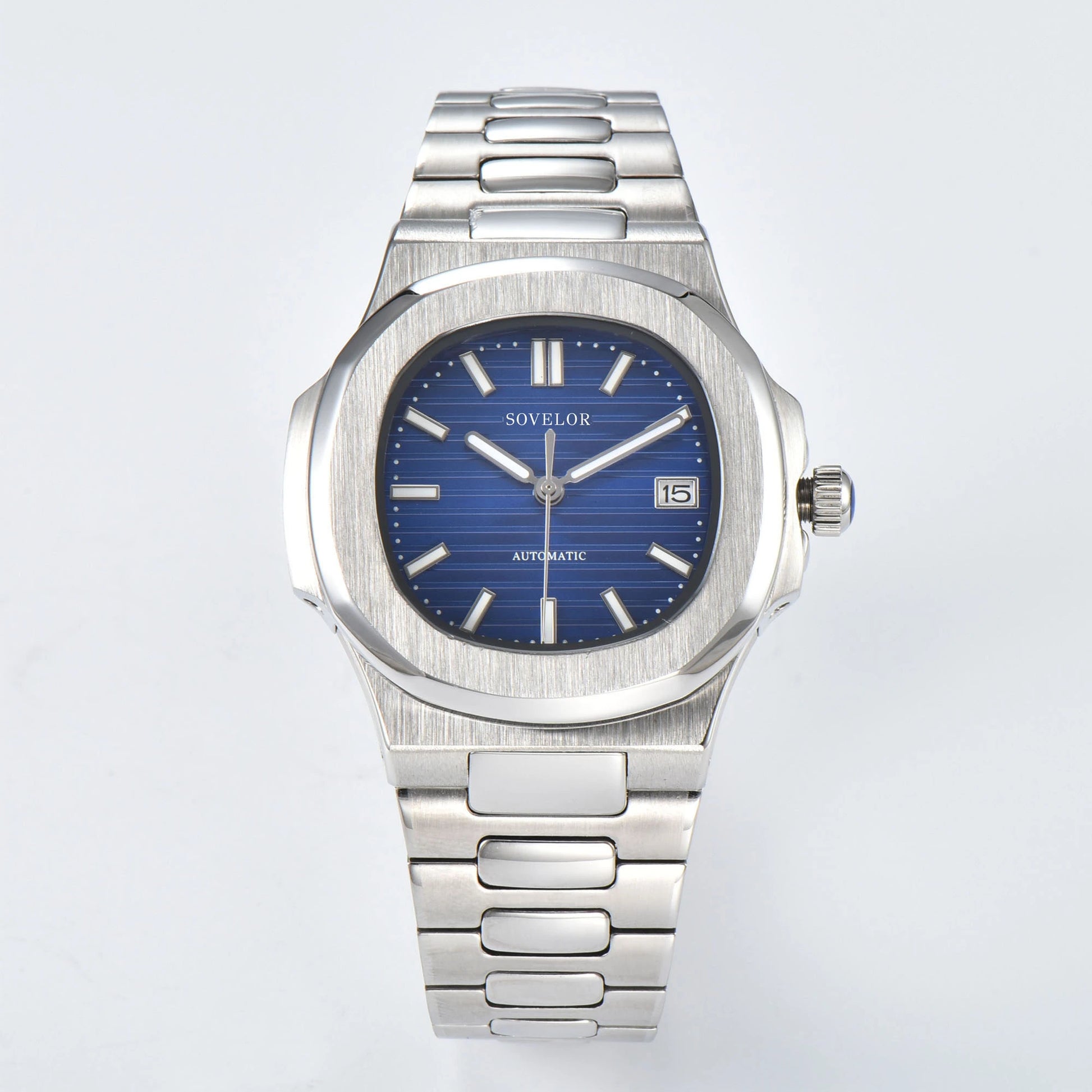 Custom Nautilus style Seiko mod watch, blue dial with stainless steel bracelet, NH35 automatic movement