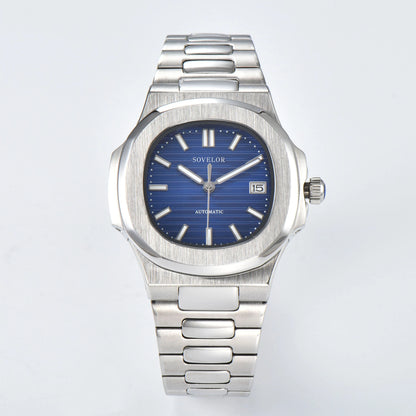 Custom Nautilus style Seiko mod watch, blue dial with stainless steel bracelet, NH35 automatic movement