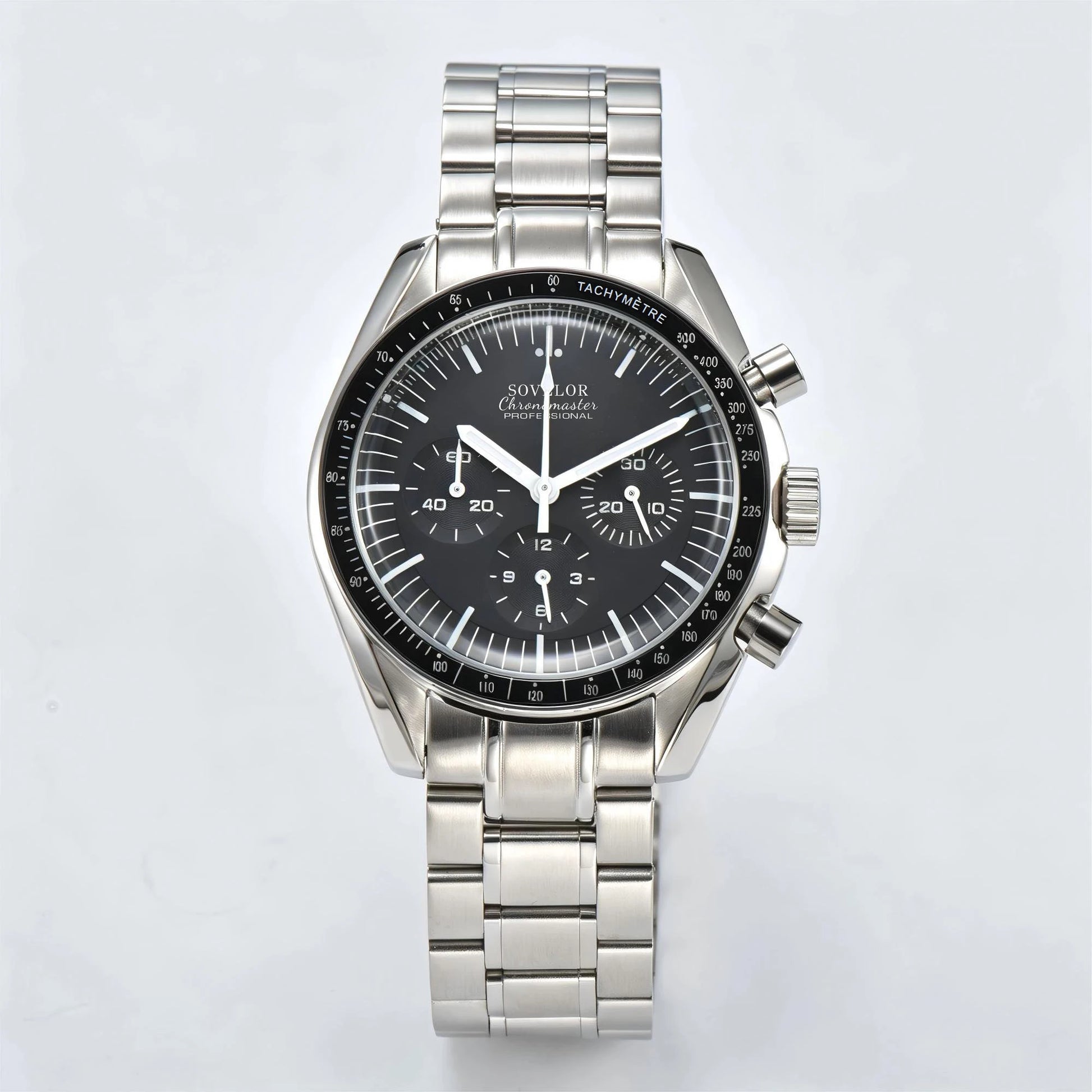 Custom silver Seiko mod speedmaster chronograph watch, black dial with white 6 hands, VK63 quartz movement