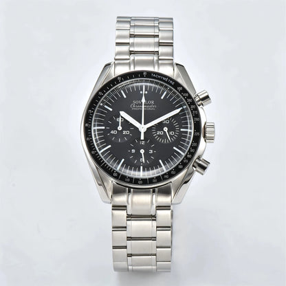 Custom silver Seiko mod speedmaster chronograph watch, black dial with white 6 hands, VK63 quartz movement