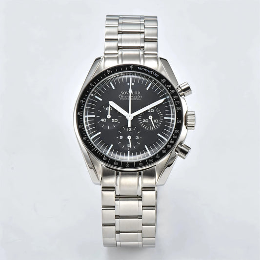 Custom silver Seiko mod speedmaster chronograph watch, black dial with white 6 hands, VK63 quartz movement