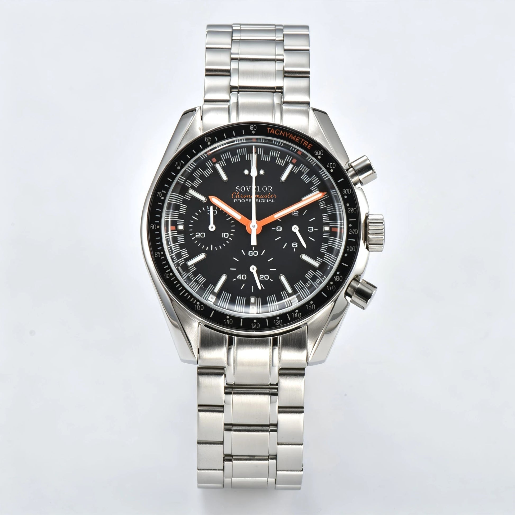 Custom silver speedmaster Seiko mod chronograph watch, black dial with orange hands, VK63 quartz movement