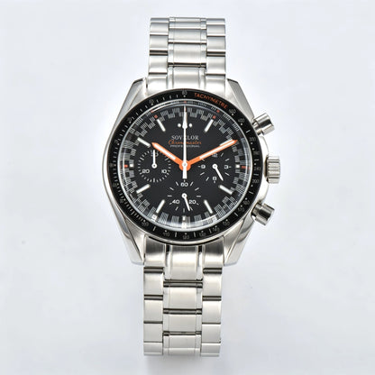 Custom silver speedmaster Seiko mod chronograph watch, black dial with orange hands, VK63 quartz movement