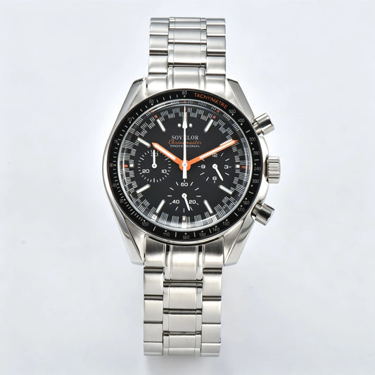 Custom silver speedmaster Seiko mod chronograph watch, black dial with orange hands, VK63 quartz movement