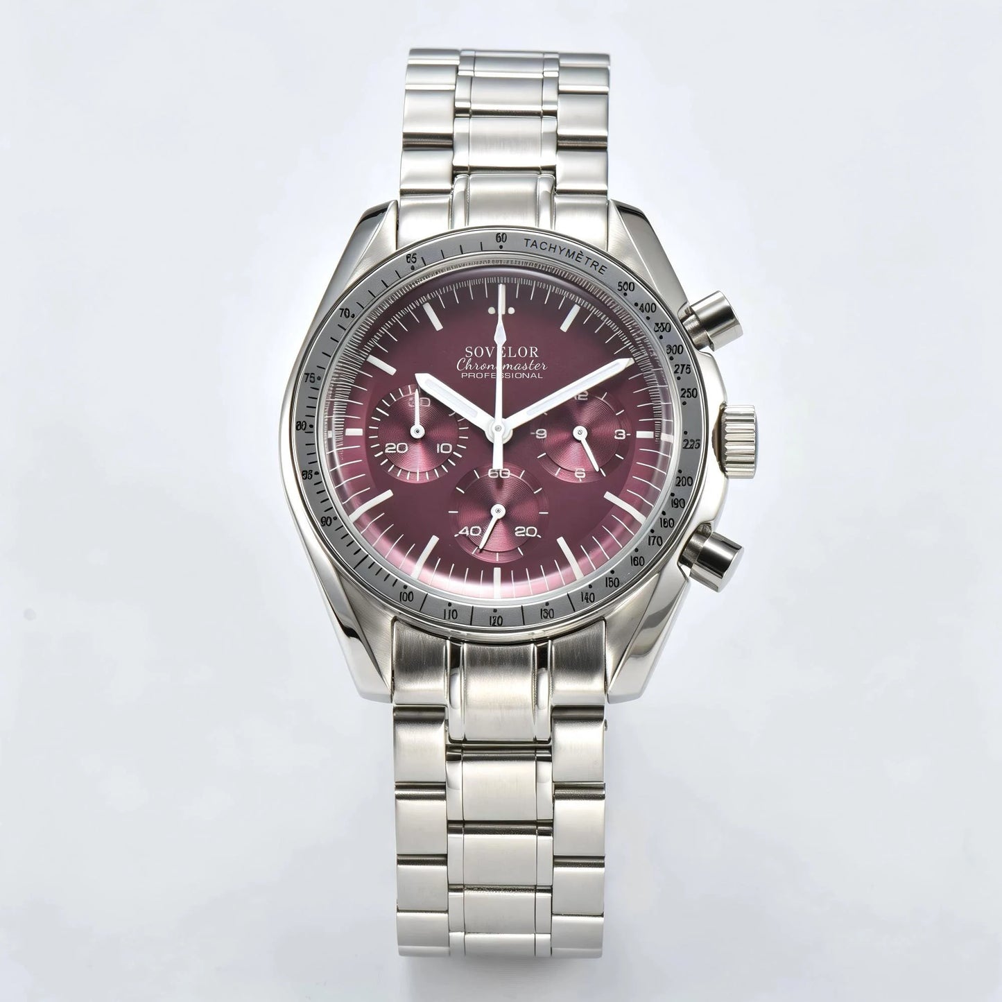 Custom silver Seiko mod speedmaster chronograph watch, burgundy dial with white hands, VK63 quartz movement