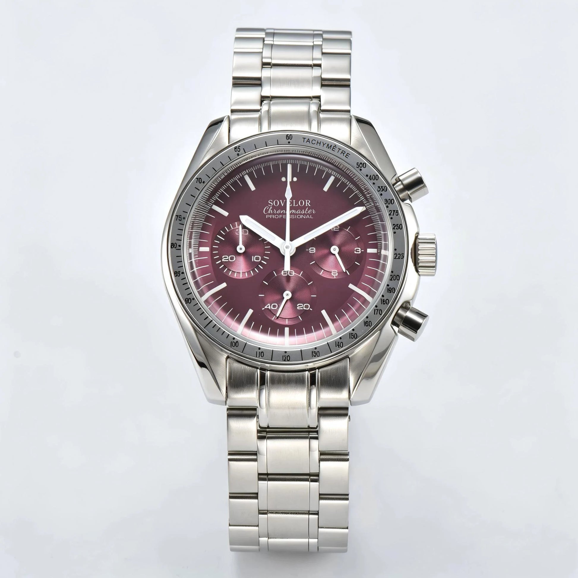 Custom silver Seiko mod speedmaster chronograph watch, burgundy dial with white hands, VK63 quartz movement