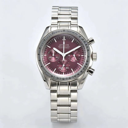 Custom silver Seiko mod speedmaster chronograph watch, burgundy dial with white hands, VK63 quartz movement