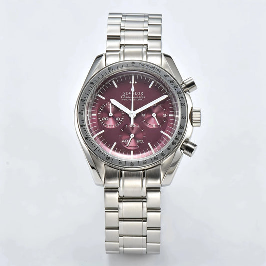 Custom silver Seiko mod speedmaster chronograph watch, burgundy dial with white hands, VK63 quartz movement