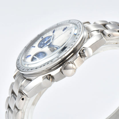 Side view of chronograph style Seiko mod watch, stainless steel pushers and tachymeter bezel detail