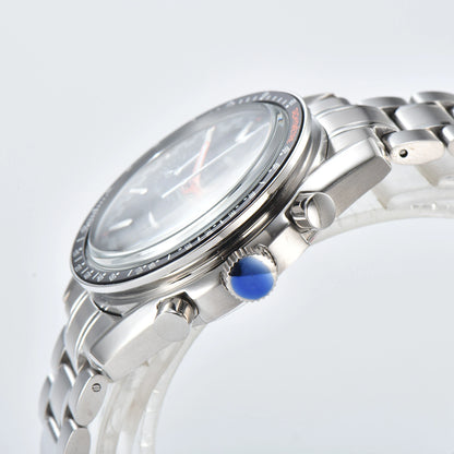 Side view of chronograph style Seiko mod watch, stainless steel pushers and tachymeter bezel detail
