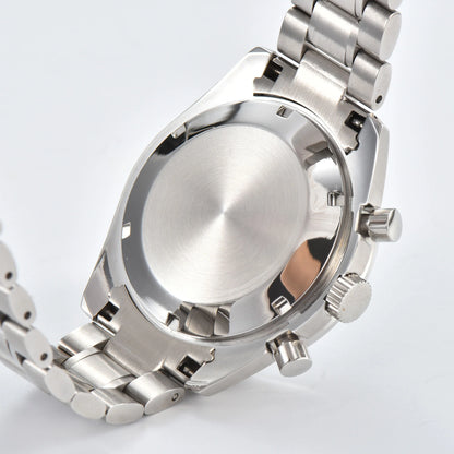 Side view of silver Seiko mod chronograph watch, polished stainless steel case back