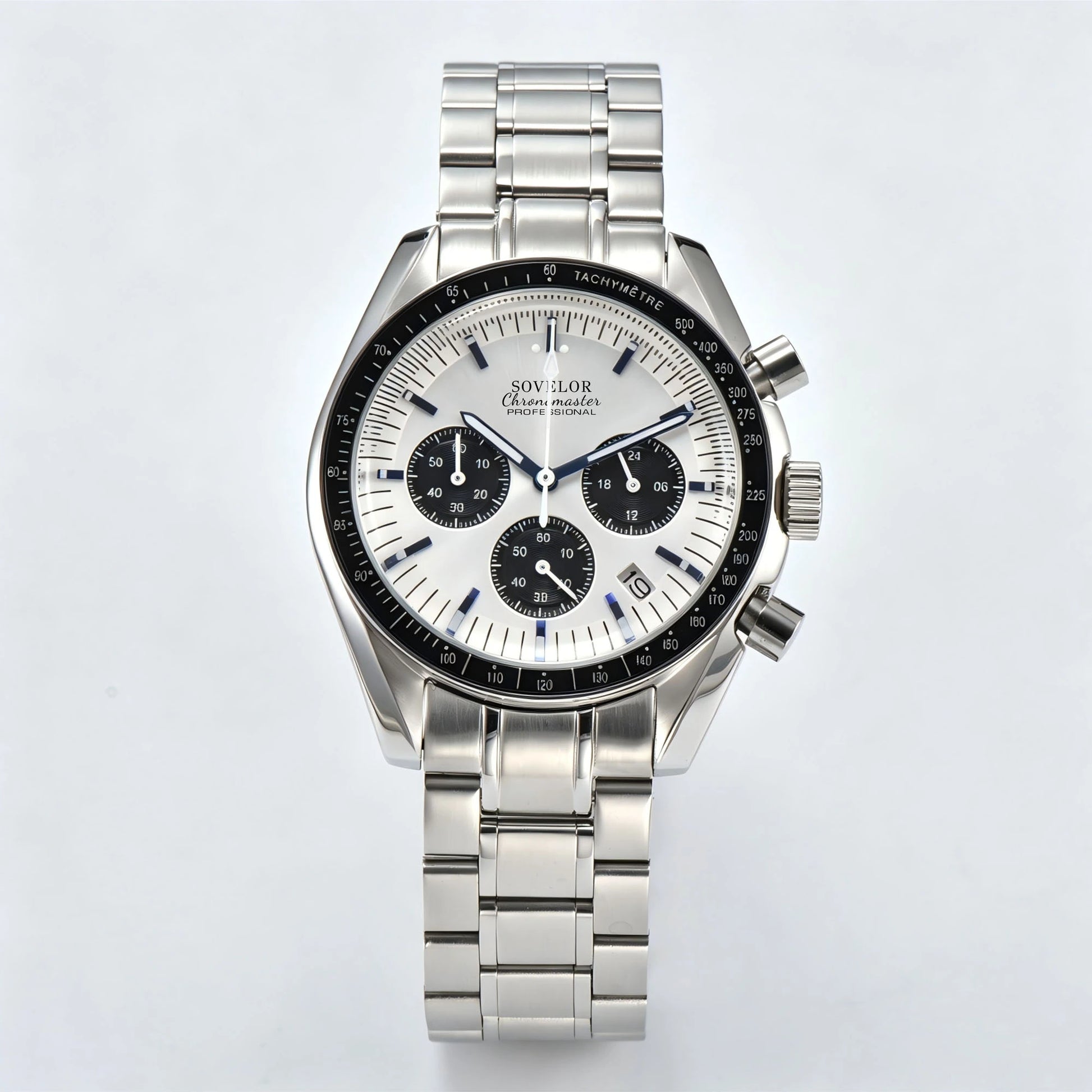 Custom silver panda speedmaster Seiko mod chronograph watch, white dial with black sub-dials, VK63 quartz movement