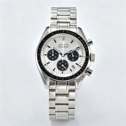 Custom silver panda speedmaster Seiko mod chronograph watch, white dial with black sub-dials, VK63 quartz movement
