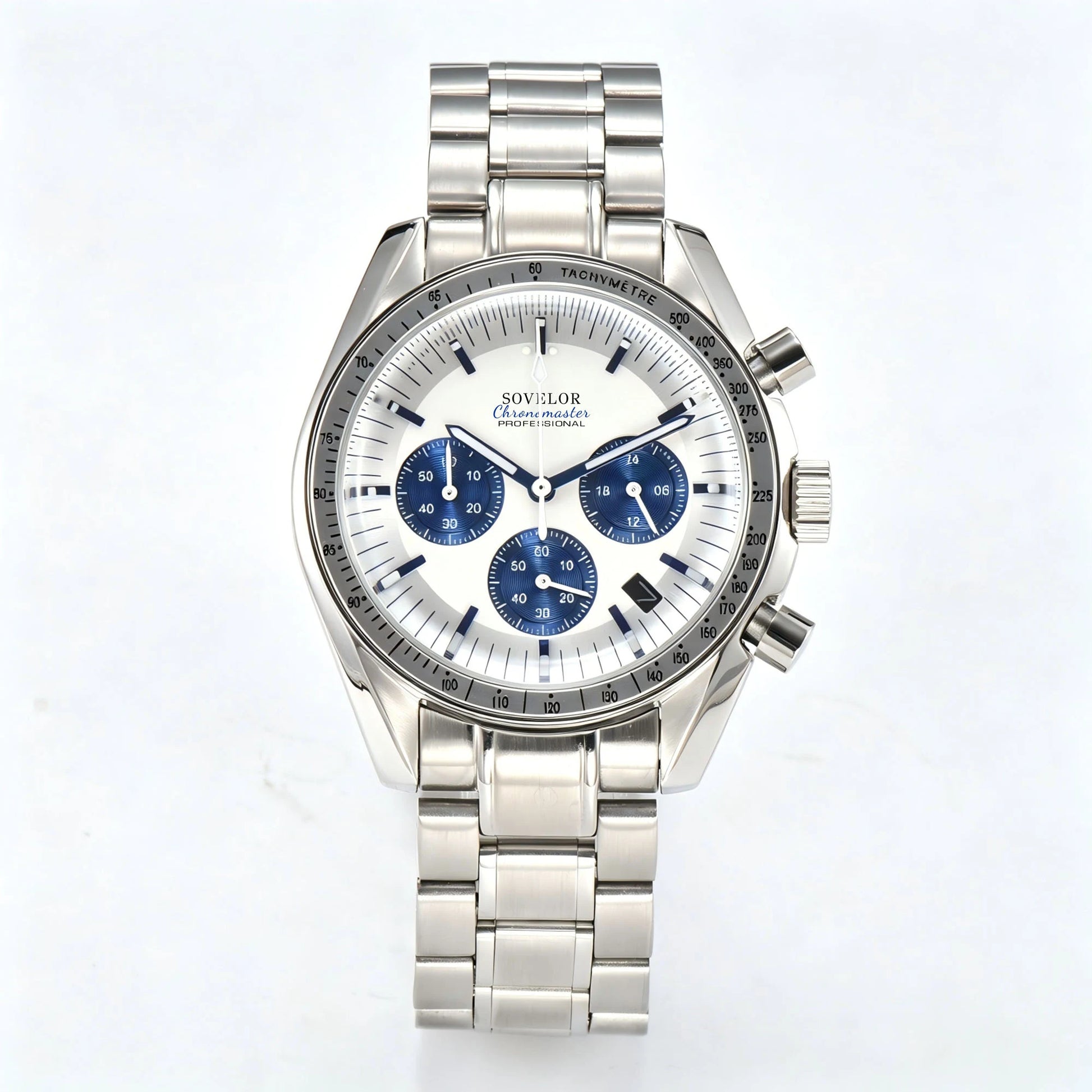 Custom silver Seiko mod chronograph speedmaster watch, white dial with blue sub-dials, VK63 quartz movement