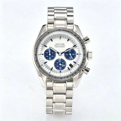 Custom silver Seiko mod chronograph speedmaster watch, white dial with blue sub-dials, VK63 quartz movement