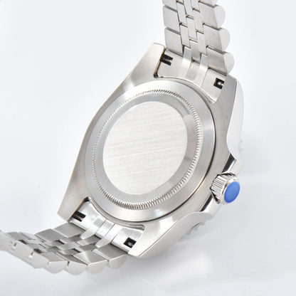 Custom Seiko mod gmt watch with close caseback showing silver 316L stainless steel case