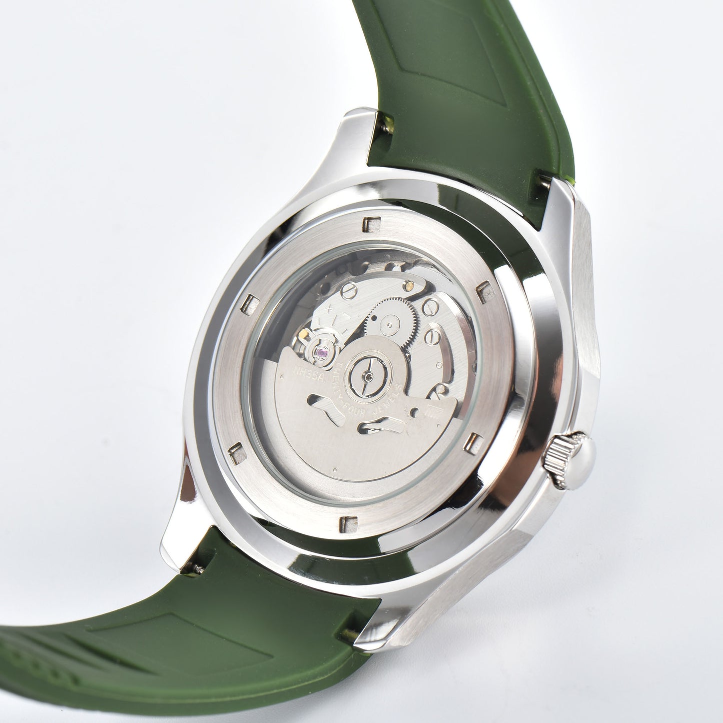 Clear case back showing Seiko NH35 automatic movement in silver Aquanaut style Seiko mod watch