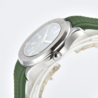 Side view of silver Aquanaut style Seiko mod watch, polished silver case and crown detail