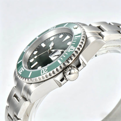 Side view of green bezel Seiko mod watch, Submariner style with polished stainless steel case