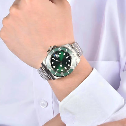 Men's green bezel Seiko mod watch on wrist, Submariner style business lifestyle shot