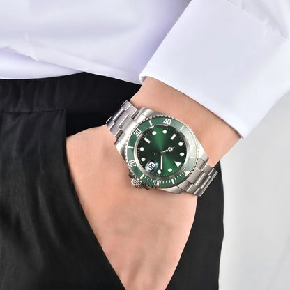 Green bezel custom Seiko mod watch worn on wrist, casual daily wear lifestyle shot