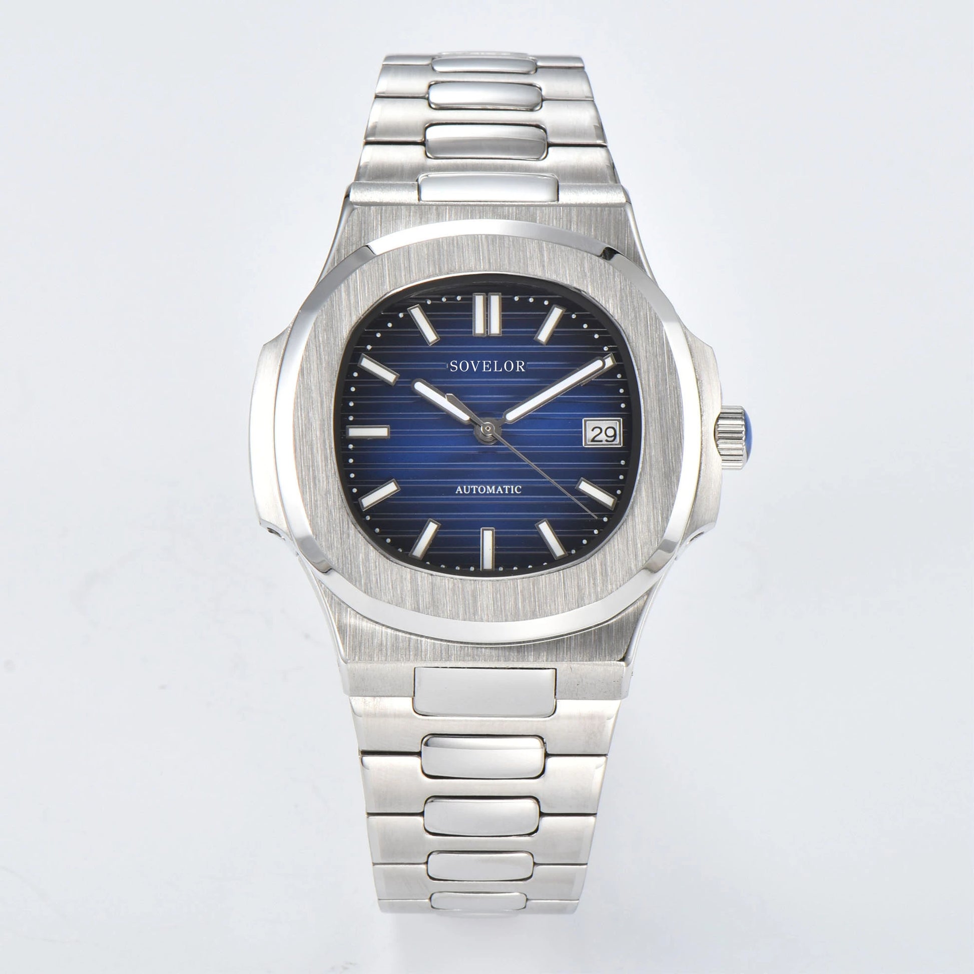 Custom Nautilus style Seiko mod watch, blue gradient dial with stainless steel bracelet, NH35 automatic movement