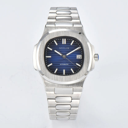 Custom Nautilus style Seiko mod watch, blue gradient dial with stainless steel bracelet, NH35 automatic movement