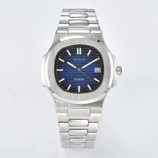 Custom Nautilus style Seiko mod watch, blue gradient dial with stainless steel bracelet, NH35 automatic movement