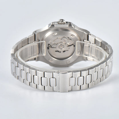 Transparent case back and deployment clasp of silver Nautilus style Seiko mod watch with stainless steel bracelet