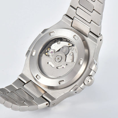 Clear case back showing Seiko NH35 automatic movement in silver Nautilus style Seiko mod watch