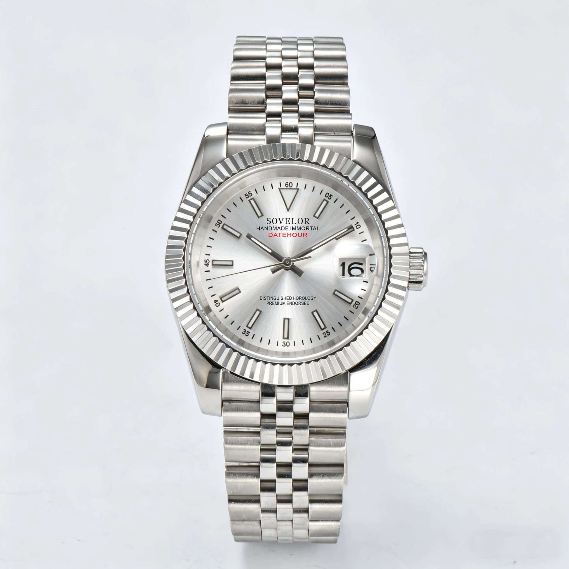 Seiko mod custom watch with sunburst silver dial and Seiko NH35 automatic movement, sapphire crystal case