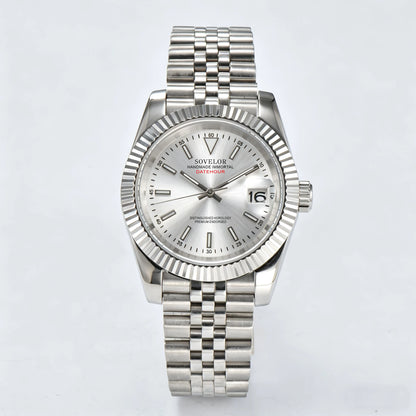 Seiko mod custom watch with sunburst silver dial and Seiko NH35 automatic movement, sapphire crystal case