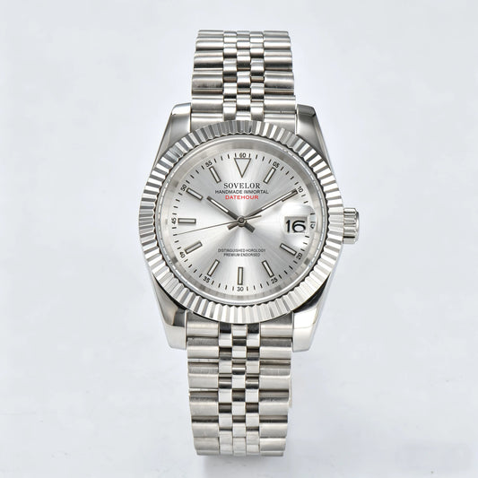 Seiko mod custom watch with sunburst silver dial and Seiko NH35 automatic movement, sapphire crystal case